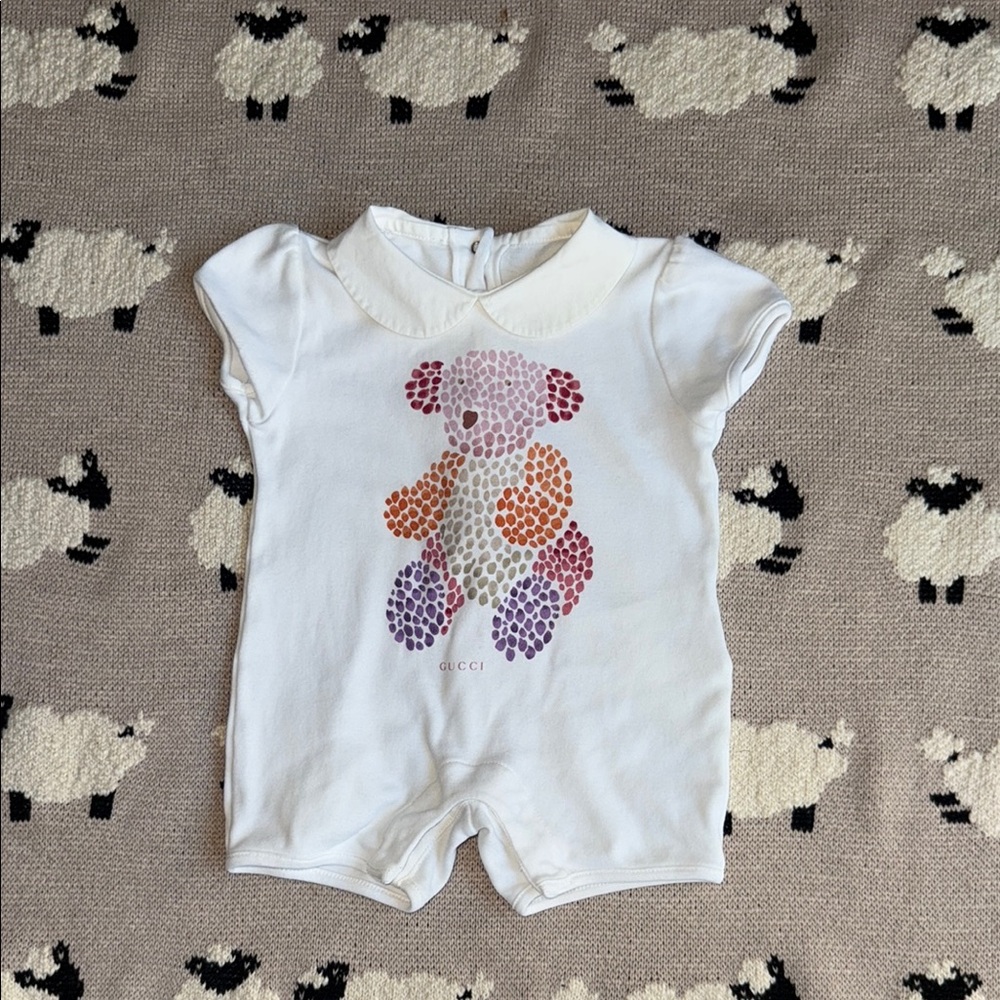 Gucci White Baby Romper with Colorful Bear